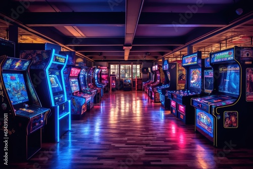Retro arcade with vintage arcade machines and neon lights illuminating the room.
