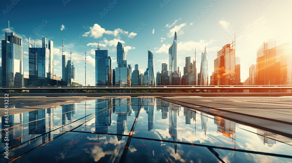 Glossy glass skyscrapers in urban city environment. Corporate ... - Green High Rise Office Spaces