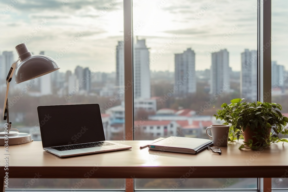 interior design, Workplace with notebook laptop Comfortable work table in office windows and city view. created generative ai. interior design, Workplace with notebook laptop Comfortable work table in office windows and city view. created generative ai.