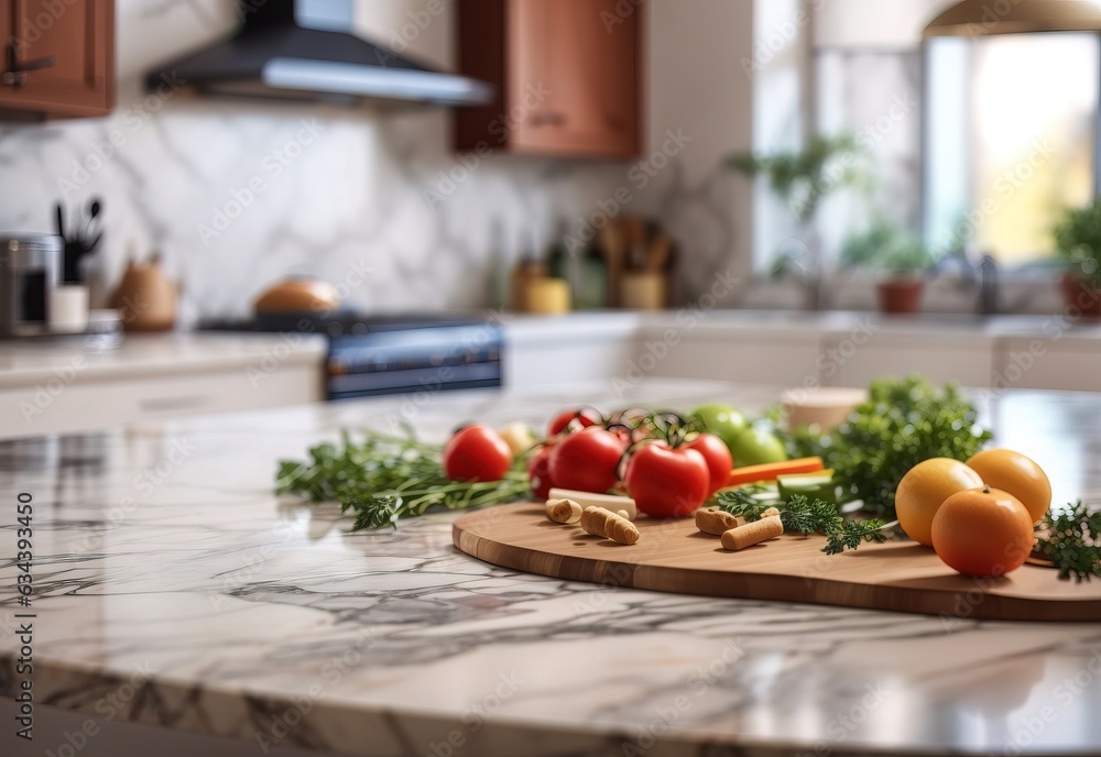 Marble counter table top on blurred kitchen background. can be used mock up for montage products display or design layout Marble counter table top on blurred kitchen background. can be used mock up for montage products display or design layout
