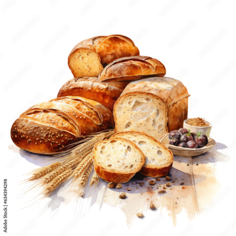 bread and wheat watercolor, ai generative 
