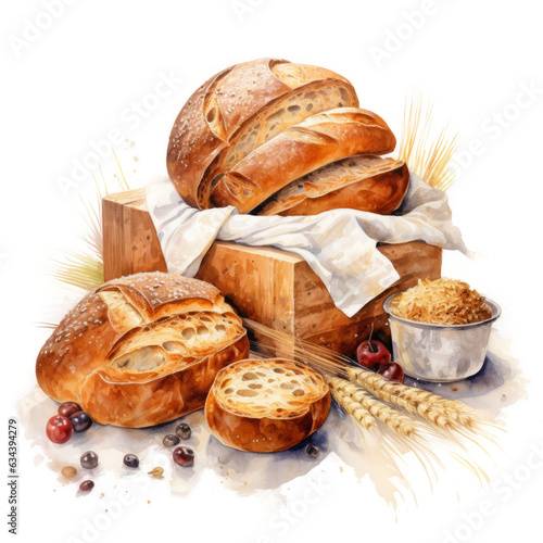 Watercolor of baked bread, assortment of bread watercolor, ai generative 