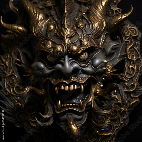 Golden mask of the demon on a black background, Close-up