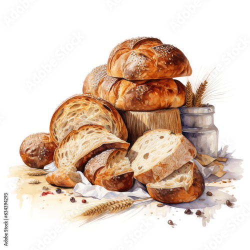 Watercolor assortment of bread, bread and wheat, ai generative 