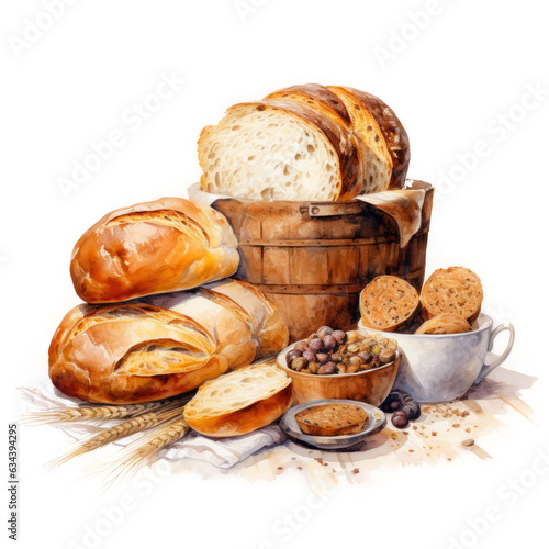 assortment of baked bread watercolor, assortment of bread watercolor, ai generative 