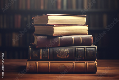 Stack of old books on a wooden table and bookshelves in the background