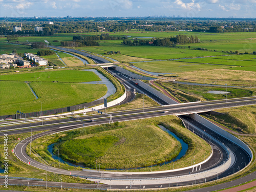 Aerial drone view of a highway intersection in Leiden, the Netherlands