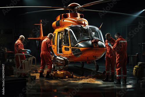 Air ambulance, a helicopter and the dedicated medical crew. This scene represents the critical role of aerial medical services in providing quick, lifesaving care during emergencies. © arhendrix