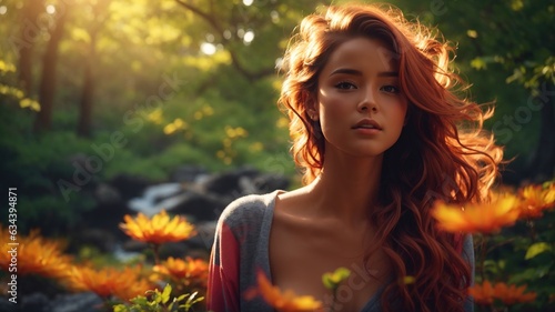 Bright cinematic photo of a woman with red hair in nature