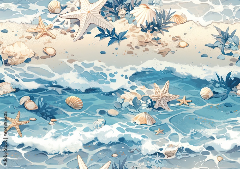 Sea beach pattern, blue surf waves, colored shells and corals on the beach. Generative AI Sea beach pattern, blue surf waves, colored shells and corals on the beach. Generative AI