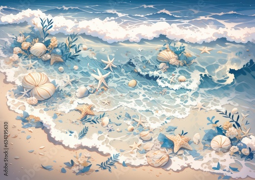 Sea beach pattern, blue surf waves, colored shells and corals on the beach. Generative AI 