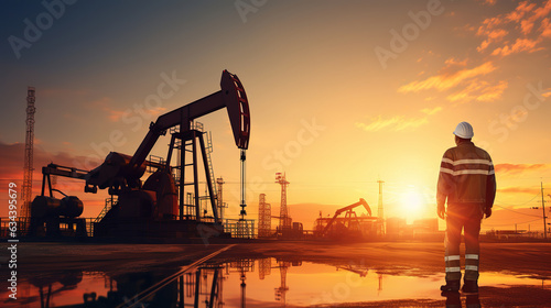 Oil worker is standing and looking to the oil pump jack on the sunset background.
