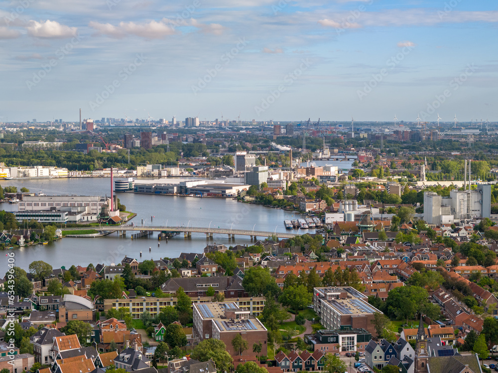 Aerial view on the river Zaan and the Zaanse Schans in the Netherlands