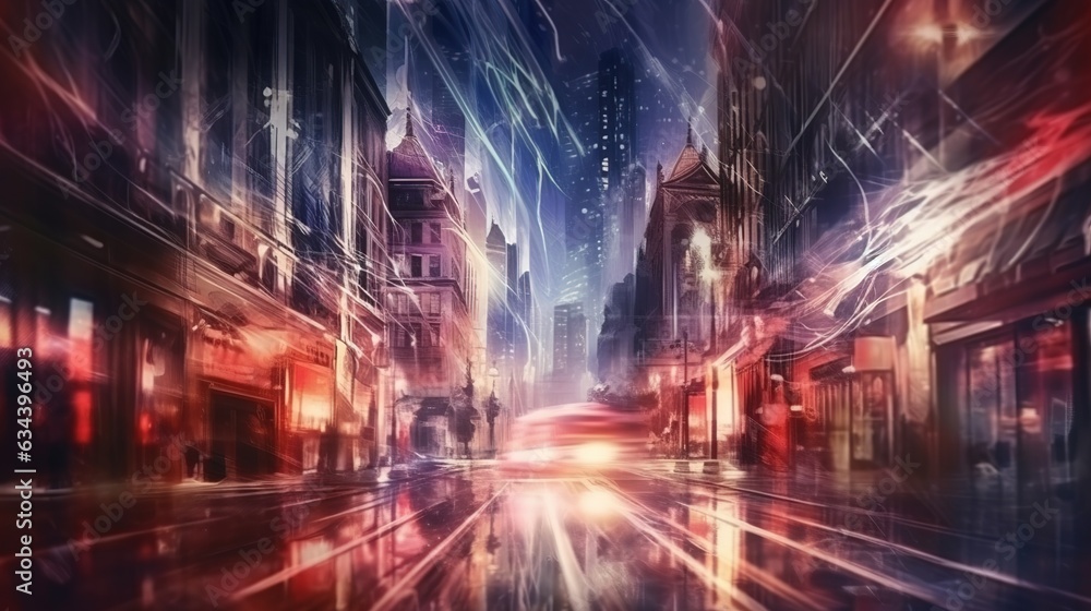 Obraz premium Road with light trails of passing vehicles. Motion speed light in city. Dynamic background. Town at night with speed traffic. Generative AI. Illustration for banner, poster, cover or presentation.