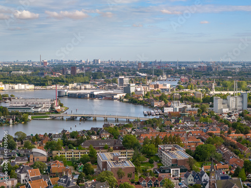 Aerial view on the river Zaan and the Zaanse Schans in the Netherlands photo