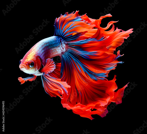 White Siamese fighting fish, Betta Splendens isolated on black background, generated by AI.