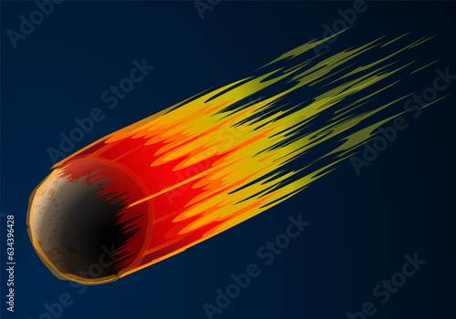 Meteor down fast, trail. Falling comet fire asteroid. Fireball flame burn, fly meteorite particles. Shooting star entering atmosphere. Dark blue space. Illustration vector