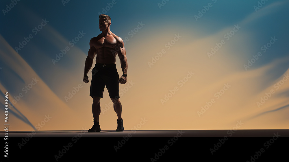 Minimalistic scene with the silhouette of an athlete and dramatic hard shadows. This composition symbolizes determination, strength, and the disciplined pursuit of physical excellence.