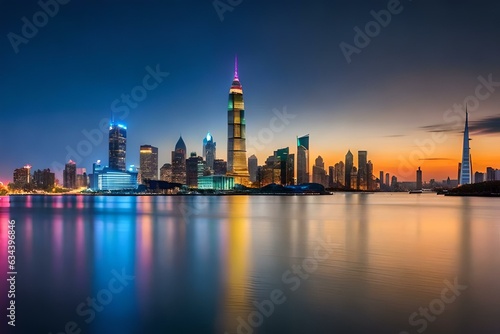 A modern city skyline at night, with colorful lights illuminating the tall skyscrapers