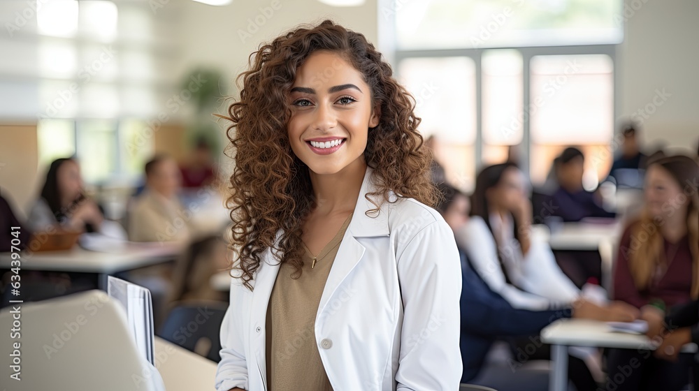female woman doctor nurse portrait shot smiling cheerful confident standing front row in medical training class or seminar room background,ai generate - obrazy, fototapety, plakaty 