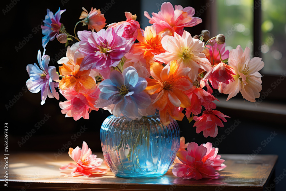 A transparent glass vase, filled with vibrant and colorful flowers. A transparent glass vase, filled with vibrant and colorful flowers.