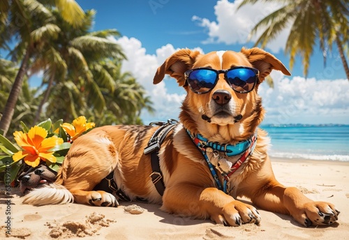 Dog with sunglasses laid on tropical beach © MochSjamsul