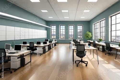 A modern computer classroom with sleek desks, ergonomic chairs, and state-of-the-art computer systems