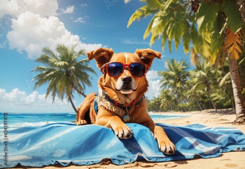 Dog with sunglasses laid on tropical beach © MochSjamsul