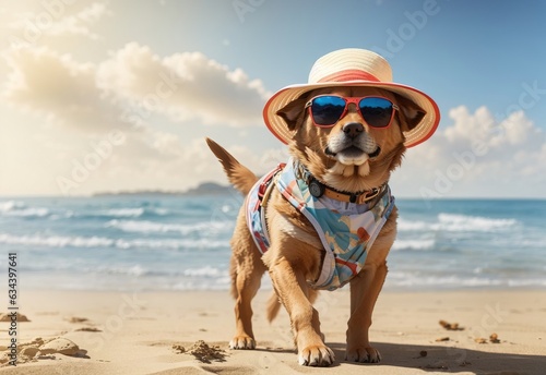 Dog wearing a beach hat and a pair of sunglasses, walking on the beach © MochSjamsul