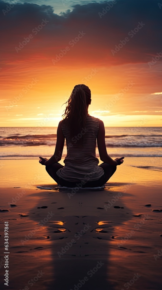 Yoga and meditation. Silhouette on the sunset beach