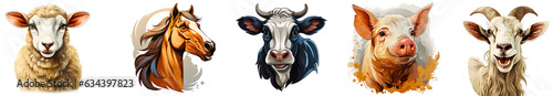 Cartoon image of five farm animals, Goat, Cow, Horse, Sheep, Pig, Isolated, PNG, Generative AI