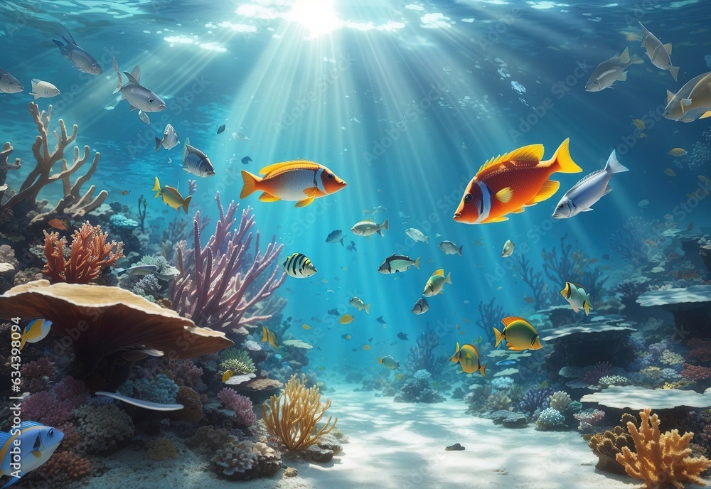 Fototapeta premium Digital illustration of underwater life, caribbean reef fishes. Sun rays through water, fantasy wallpaper