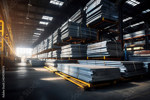 Metal steel plates storage in warehouse for construction photo