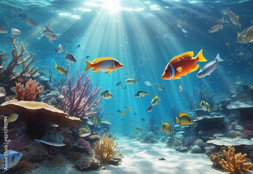 Digital illustration of underwater life  caribbean reef fishes. Sun rays through water  fantasy wallpaper
