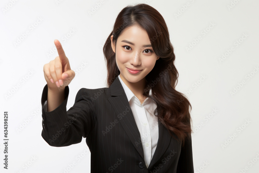 A young woman in a suit who smiles and puts her index finger up A young woman in a suit who smiles and puts her index finger up