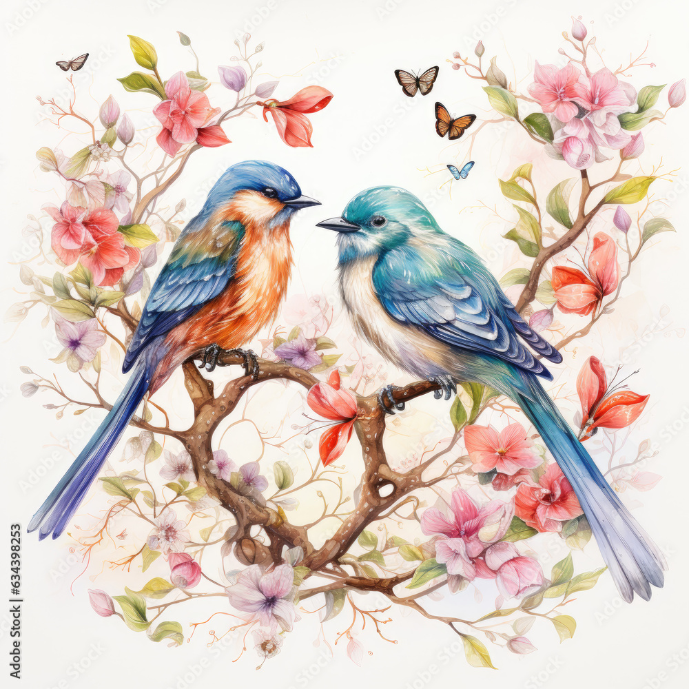A delightful illustration portraying love through a pair of whimsical love birds perched on a blooming tree branch.