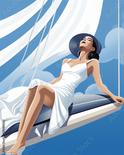 Illustration einer schönen Frau auf einer Segeljacht