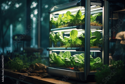 Innovative vertical farm with LED grow lights, showcasing sustainable agriculture and urban farming revolution. Advanced hydroponics and automated systems ensure energy efficiency