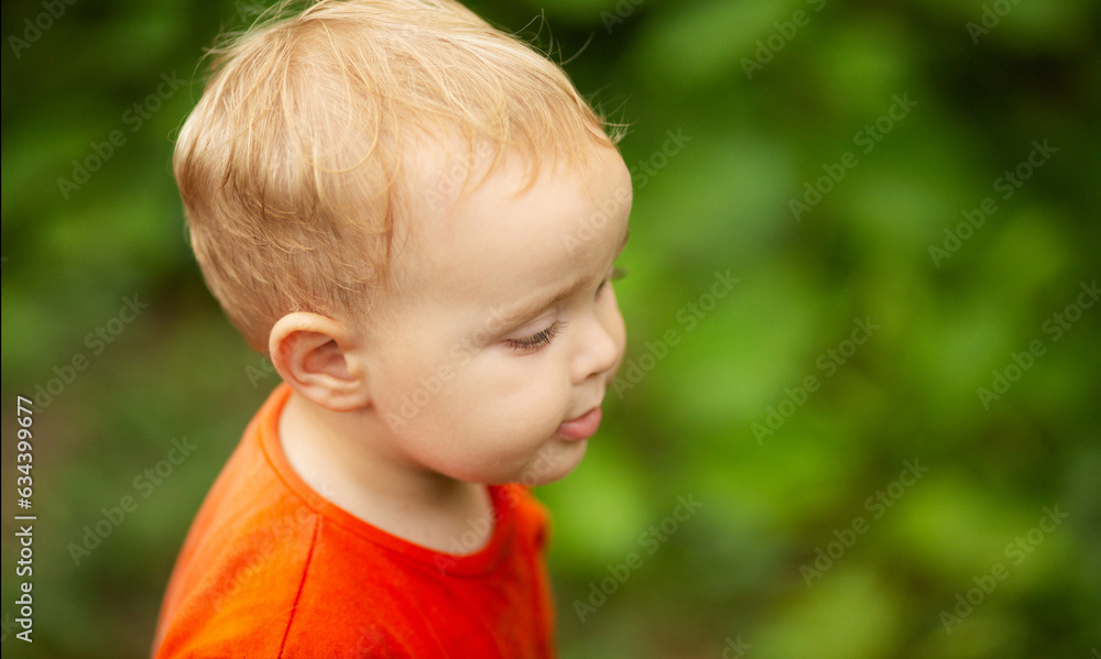 Summer portrait of small red-haired boy on nature. Concept of happy family and childhood Summer portrait of small red-haired boy on nature. Concept of happy family and childhood