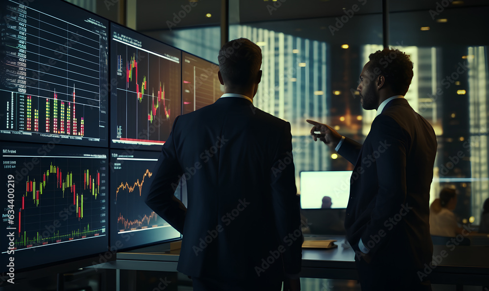 Multiracial financial analysts look on computer real-time stocks, analyze business strategy in investment bank. Computers and big digital screens on background. Multiracial financial analysts look on computer real-time stocks, analyze business strategy in investment bank. Computers and big digital screens on background.