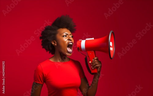 Young brunette African American woman screaming through megaphone over isolated trendy modern red background, communicating some idea thought, angry, negative, AI Generated