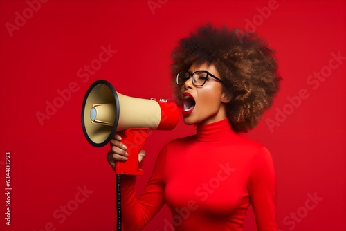 Young brunette African American woman screaming through megaphone over isolated trendy modern red background, communicating some idea thought, angry, negative, AI Generated