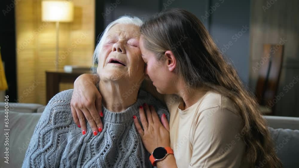 Support, daughter hug for a sad mother senior grandmother give empathy Support, daughter hug for a sad mother senior grandmother give empathy