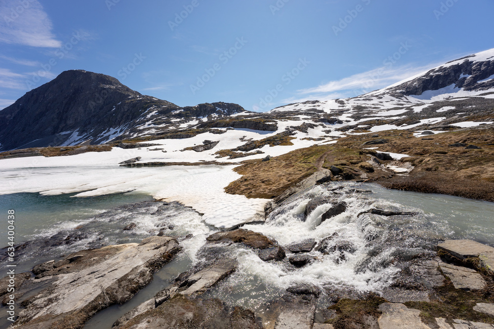 Djupvatnet lake in Norway. Summer snow and ice