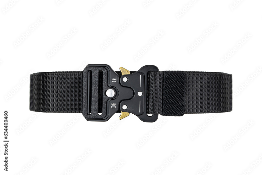 Tactical belt with strong metal buckle close-up on white Tactical belt with strong metal buckle close-up on white
