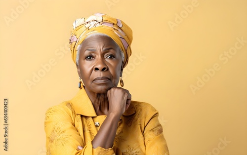 Senior African American woman wearing casual clothes and glasses skeptic and thoughtful, disapproving expression on face, copyspace. Modern pastel bright trendy yellow background. AI Generated