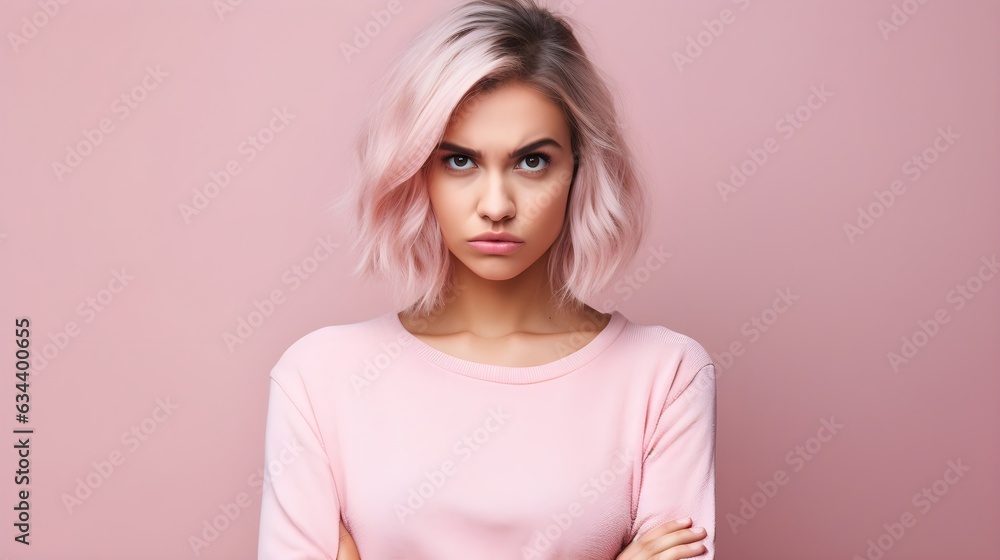 Obraz premium Portrait of a lovely angry young girl with pink hair, wearing casual clothing standing isolated over pastel pink, purple, blue, yellow background, arms folded, ethnic, banner, jealous, AI Generated