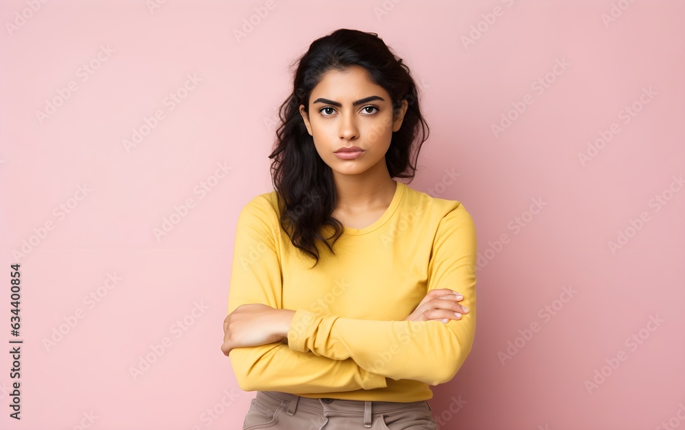 Portrait of a lovely angry young Indian Asian girl wearing casual clothing standing isolated over pastel pink, purple, blue, yellow background, arms folded, ethnic, banner, jealous, AI Generated