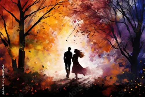 Young couple walking in autumn park, illustration