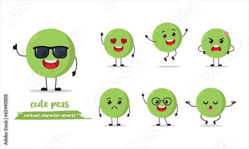 cute peas different activity expression emotion. pea wear sunglasses with many activity vector illustration flat design.
